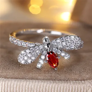 Cute Female Red Zircon Stone Engagement Ring Silver Color Bee Animal Wedding Jewelry For Women