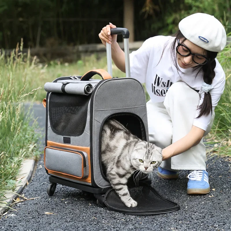 Pet Trolley Box Breathable Foldable Cat Bag Large Capacity Travel Portable Wheel Trolley Bag Pet Carriers Accessories