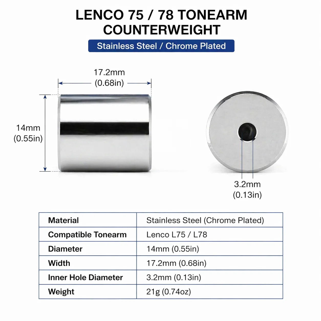 LENCO 턴테이블 토네암 웨이트 L75 L78용, 크롬 스테인리스 21g, 정밀 카운터밸런스, 비닐 레코드 플레이어 교체품