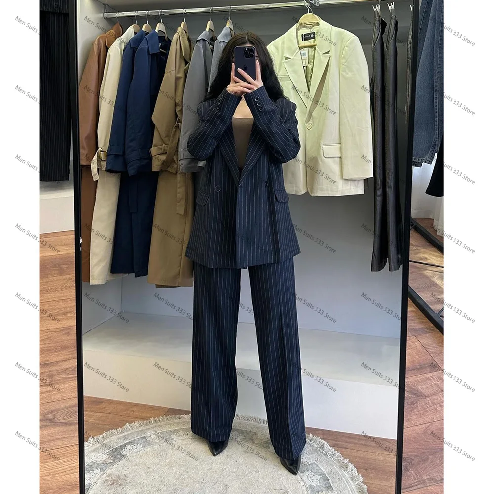 Double Breasted Navy Blue Stripe Suits for Women Tailor Business Office 2 Piece Jacket Pants Sets Blazer Luxury Female Clothing 3