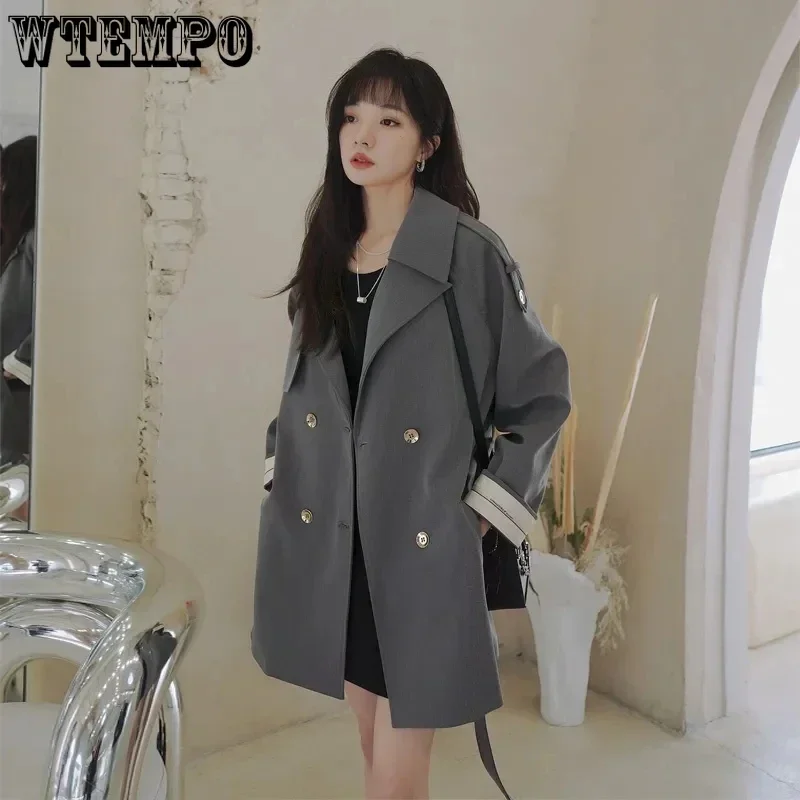 

Grey Trench Mid Length Turndown Collar Retro British Style Women's Long Sleeve Warm Coat Office Lady Harajuku Commuting Autumn