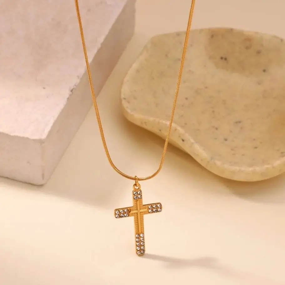 Zircon Cross Amulet Pendant Necklaces For Women Men 316L Stainless Steel
