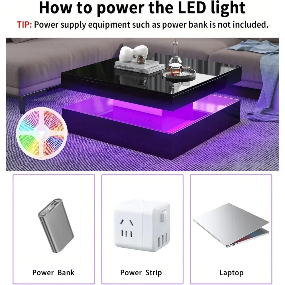 LED Coffee Table with Storage, High Glossy Modern White Center Table with 2 Drawers, Square Wooden Middle Table with 16-Color 3