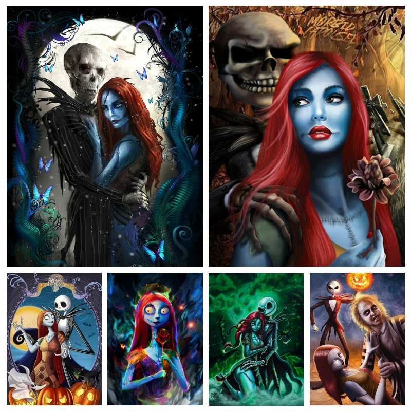 ViVijooy 5D DIY Full Drill Diamond Painting Kits, The Nightmare Before Christmas Halloween Jack and Sally with Moon, Cross Stitch Embroidery Dotz Kit