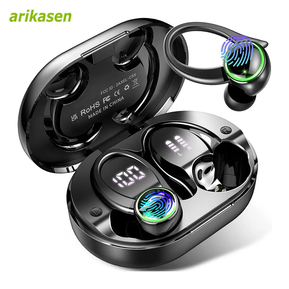 Headphones Bluetooth 5.3 Wireless Bass Stereo Over Ear Earbuds ENC Noise Cancelling Mic With Earhooks 48H Playback LED Display_voghion.com