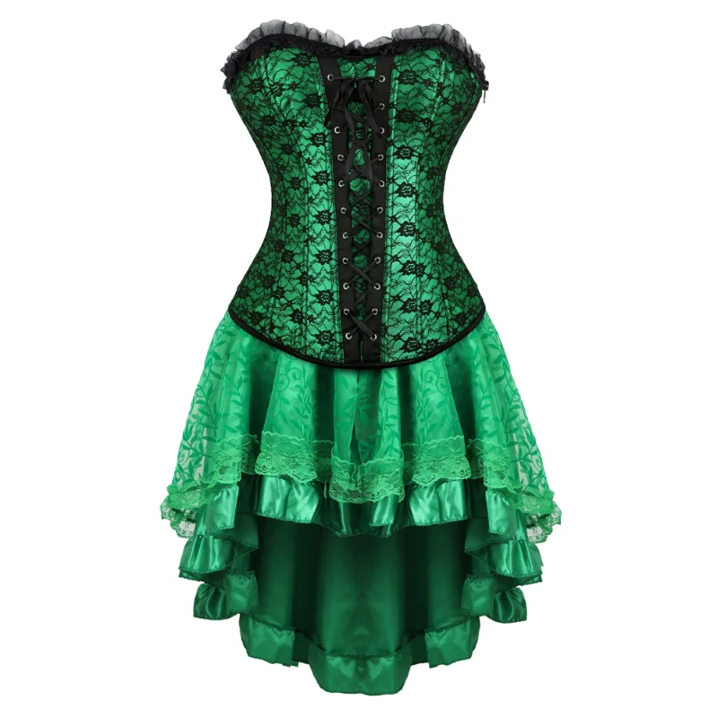 

Green Corset Dress Sexy Burlesque Lace Trim Corsets and Bustiers with Skirt Vintage Poison Ivy Cosplay Costumes Plus Size S-6XL
