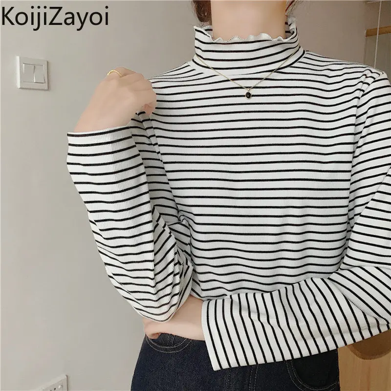 

Koijizayoi Striped Women Long Sleeves Tshirt Half Turtleneck Fashion Lady Slim T-shirt Spring Autumn 2022 Casual Outwear Tees