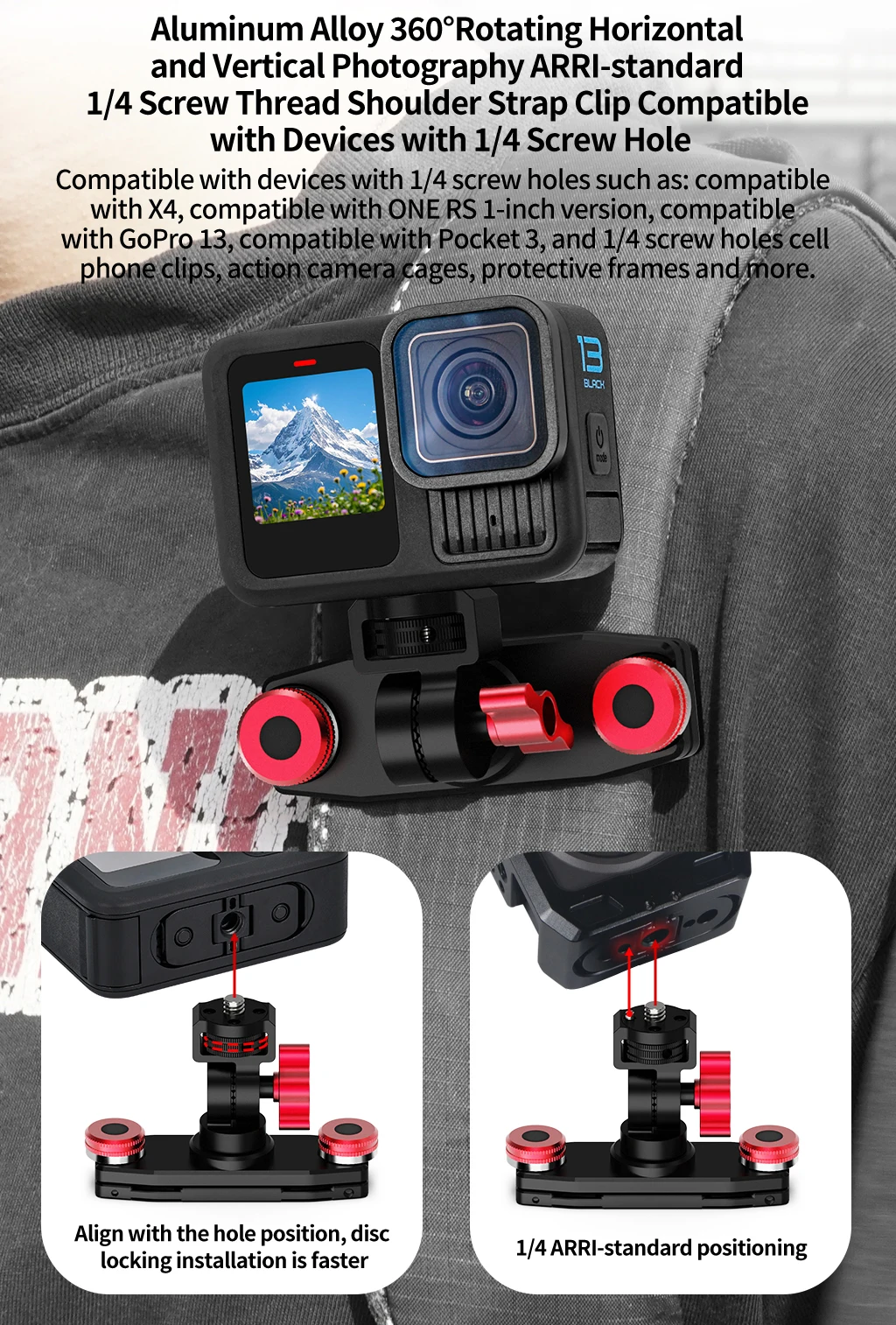 Aluminium Rucksack Gurt Clip Universal für DSLR Kamera Fotografie für Sony Nikon Zubehör 1/4" 3-Slot Kugelkopf optional – Detail 1