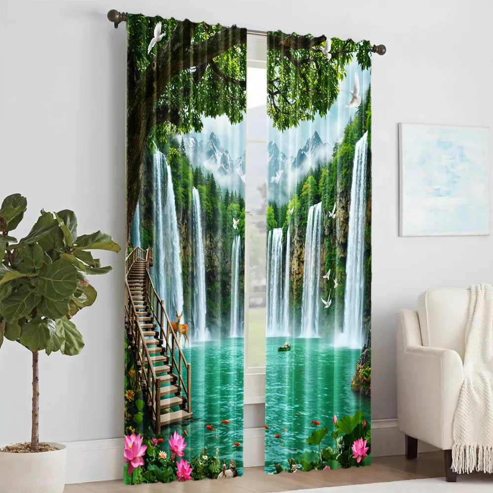 2pc, Party Window Curtains Forest waterfall pattern Fabric,Without Electricity Birthday Party Applies to aesthetic room decor 2