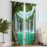 2pc, Party Window Curtains Forest waterfall pattern Fabric,Without Electricity Birthday Party Applies to aesthetic room decor 2
