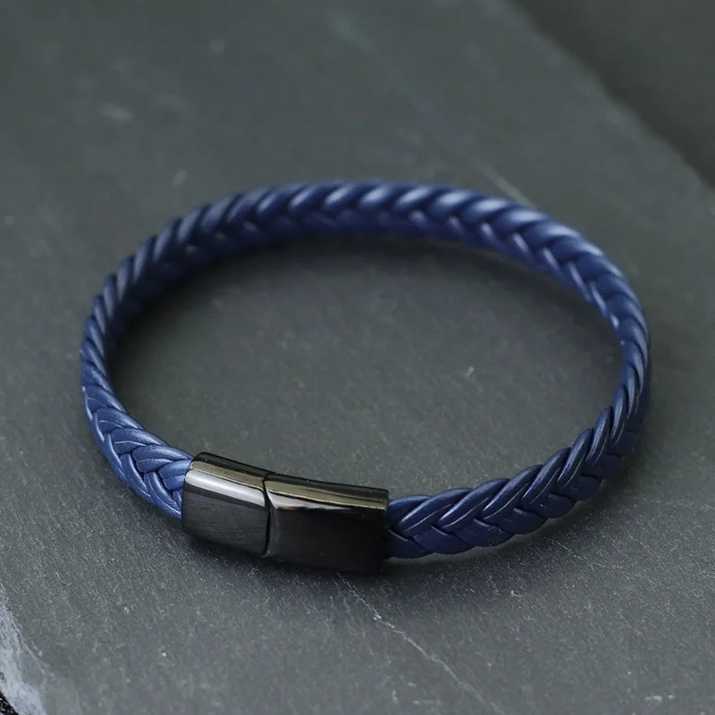 Bracciale Da Uomo In Pelle Nera, Cordini A Doppia Treccia Con Chiusura Magnetica