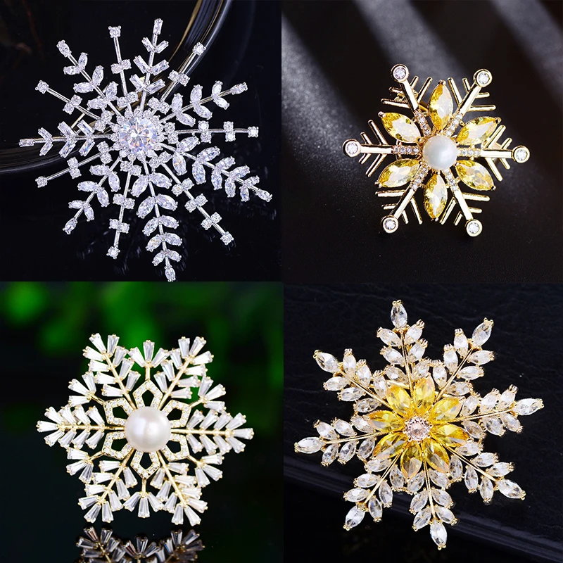 

Korean Beautiful Freshwater Pearl Snowflake Shiny Zircon Brooch Fashion Elegant Sunflower Clothing Pin Xmas Gift Accessories