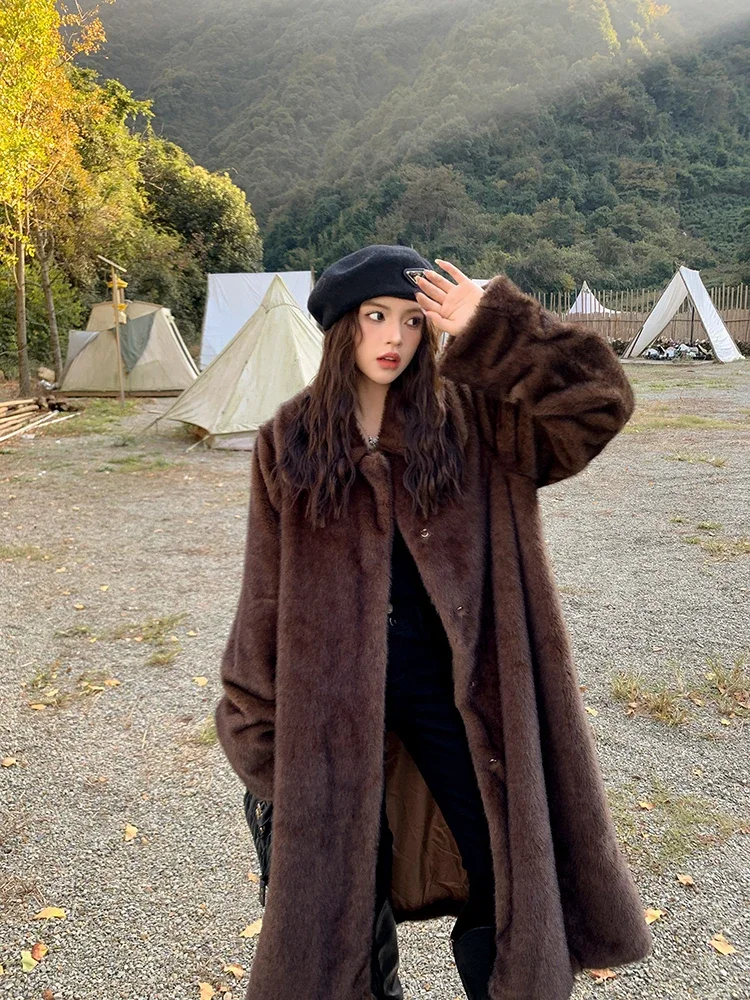 High-end Retro Brown Long Mink Fur Profile Lapel Coat Winter Clothes New Fashion Loose-Fit Long Sleeves Thick Faux Fur Jackets