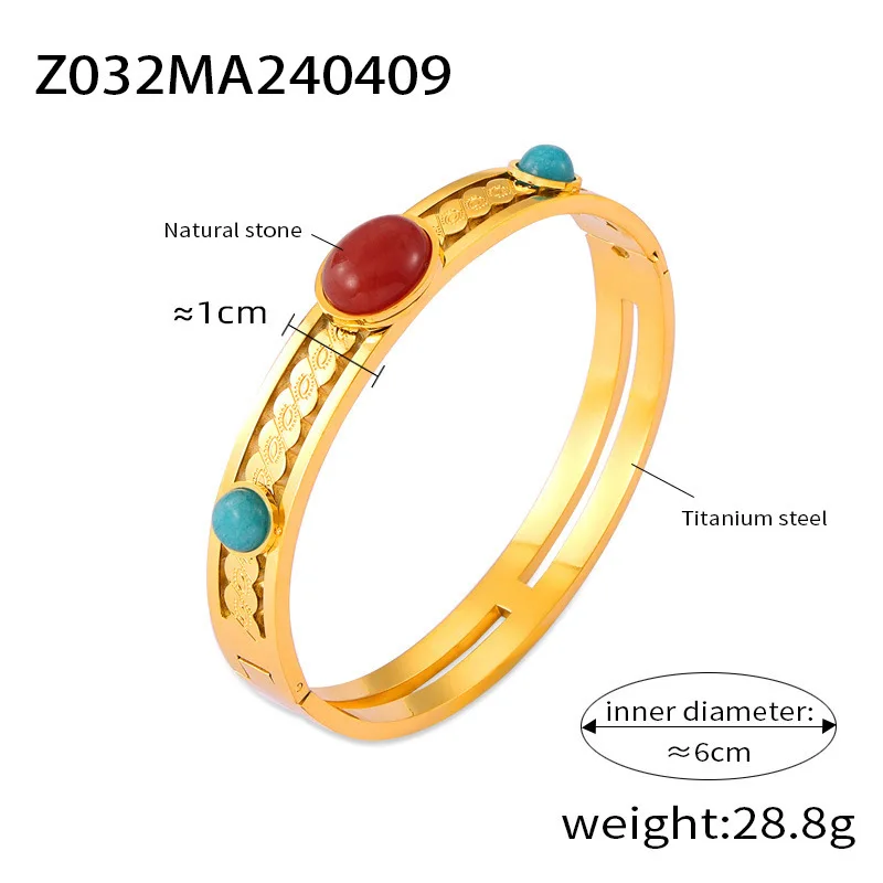 Retro ethnischen ausgehöhlten eingelegten Naturstein Titan Stahl Armband für Frauen Schnalle Armreif Emaille Schmuck Großhandel – Detail 2
