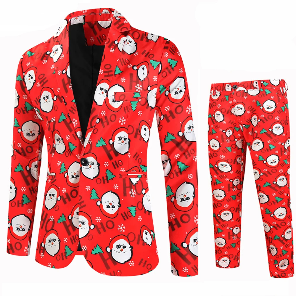 thumbnail image 1 of Traje navideño para hombre de 2 piezas, corte entallado, estampado de muñeco de nieve navideño, para fiesta, disfraz de un solo botón, ropa informal de moda para hombre, 1 of 4