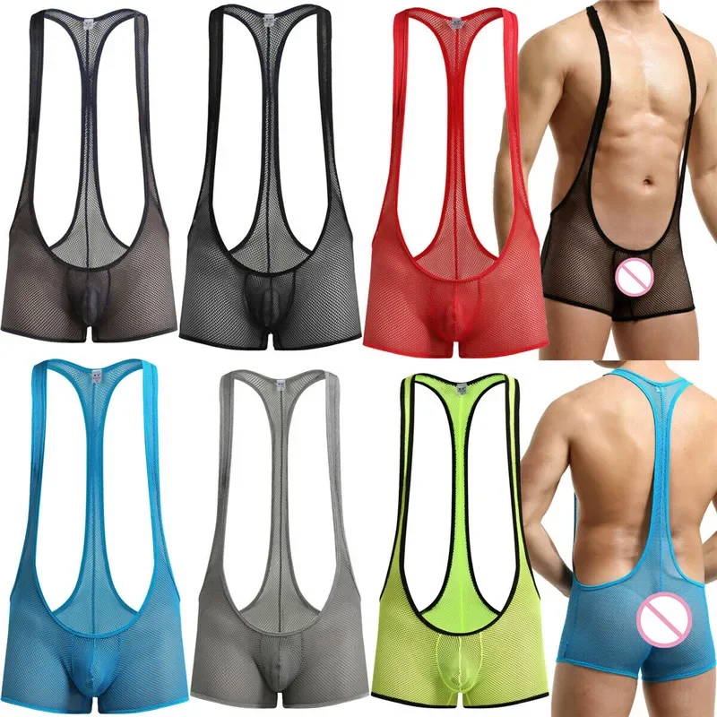 Men Bodysuits Mesh See Through Wrestling Singlets One-Piece Leotard Undershirt Men Bodysuit Jumpsuit Gay Boxer Shorts Underwear boozrey red sexy one shoulder short sleeved hollow tight trousers jumpsuit 2022 summer mesh bodysuit jumpsuit for women