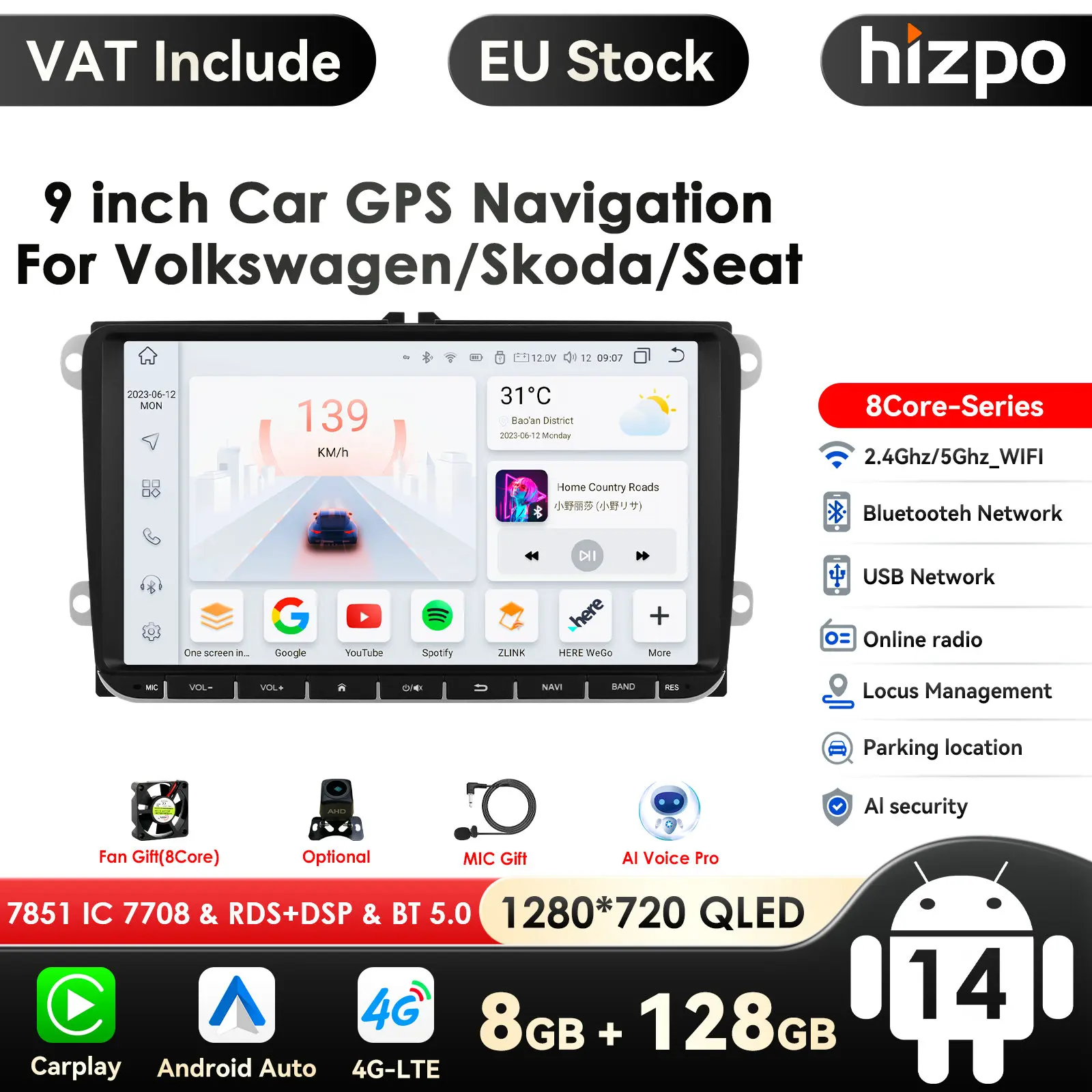 Reproductor Multimedia GPS de Radio para coche 4G Android 14 2 Din para VW/Volkswagen/Golf/Passat/b7/b6/Skoda/Seat/Octavia/Polo/Tiguan Autoradio 1