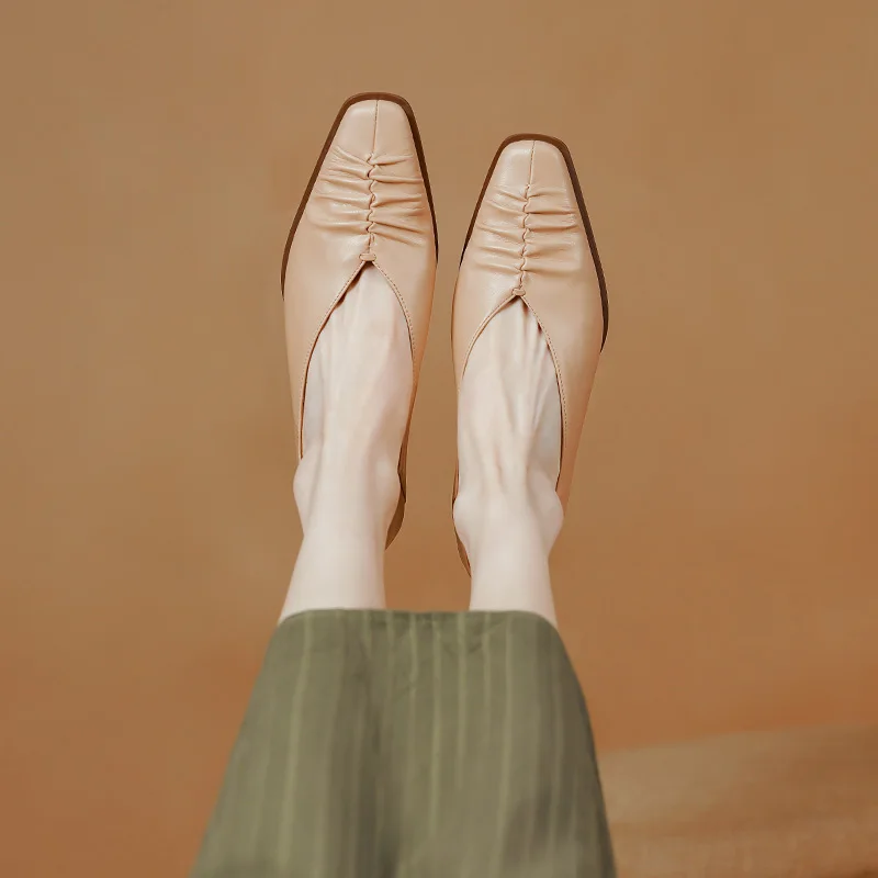 

2023 new spring women pumps natural leather 22-24.5cm length sheepskin+pigskin square toe Retro fold loafers womens shoes