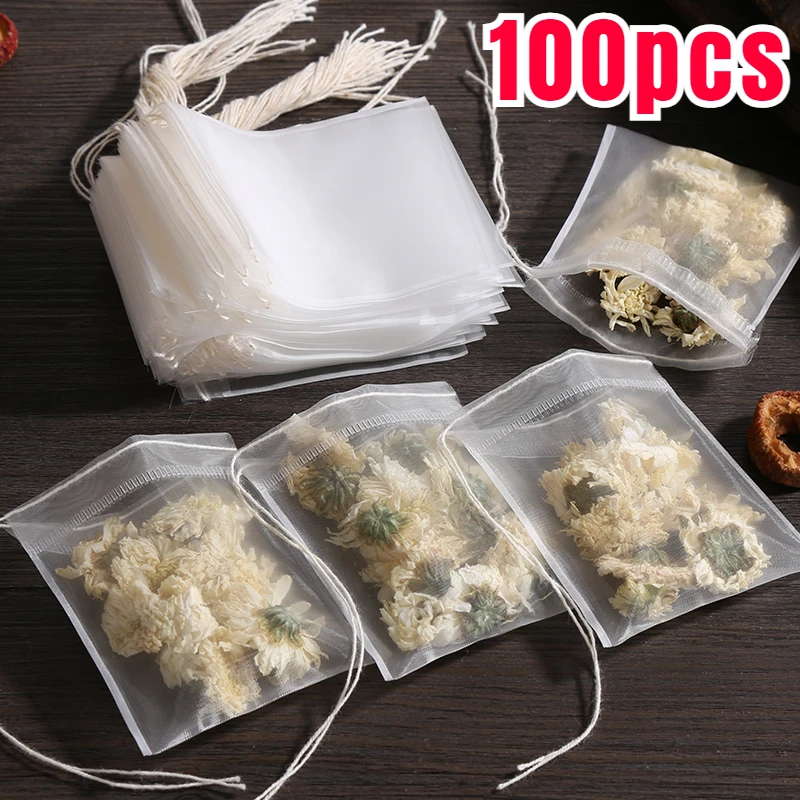 

100Pcs Disposable Tea Bags Filter Bags Non-woven Fabric Teabags with Drawstring Kitchen Coffee Herb Medicine Loose Tea Filter
