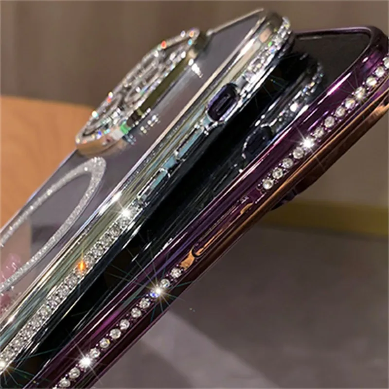 iPhone Case Shockproof Wireless Charging Glitter Case For iPhone 16 15 14 13 12 11 Pro Max Plus Magnetic 17 Air Compatible Rhinestone Cover