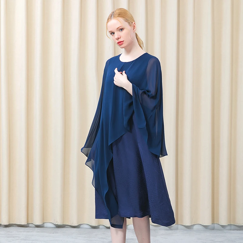 

Silk Jacquard Round Neck Bat Sleeve Asymmetric Collision Splicing Navy Blue Flowing Fake Two-piece Dress Female AE823