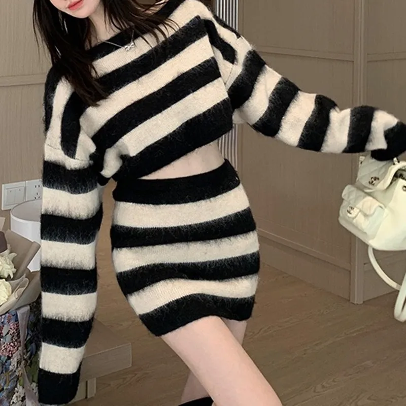 Autumn Striped Two-piece Skirt Set Women Long Sleeve Cropped Off Shoulder Top Bodycon Mini Skirt Korean Fashion Suits New