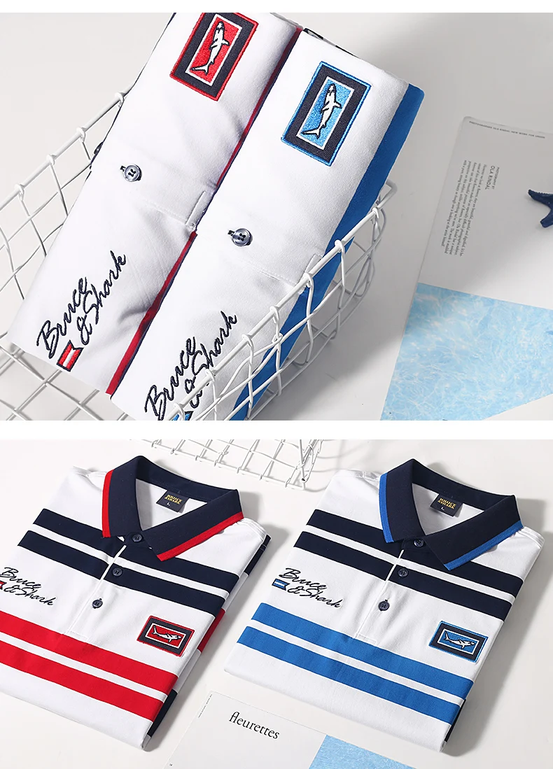 Summer New Embroidery Men's Striped Polos Short Bruce&Shark Casual Fashion Blue T-shirt Loose Breathable Men's Red Tee Size 4XL 28 S07011970a4ea48a88ddf5661e916b77eR