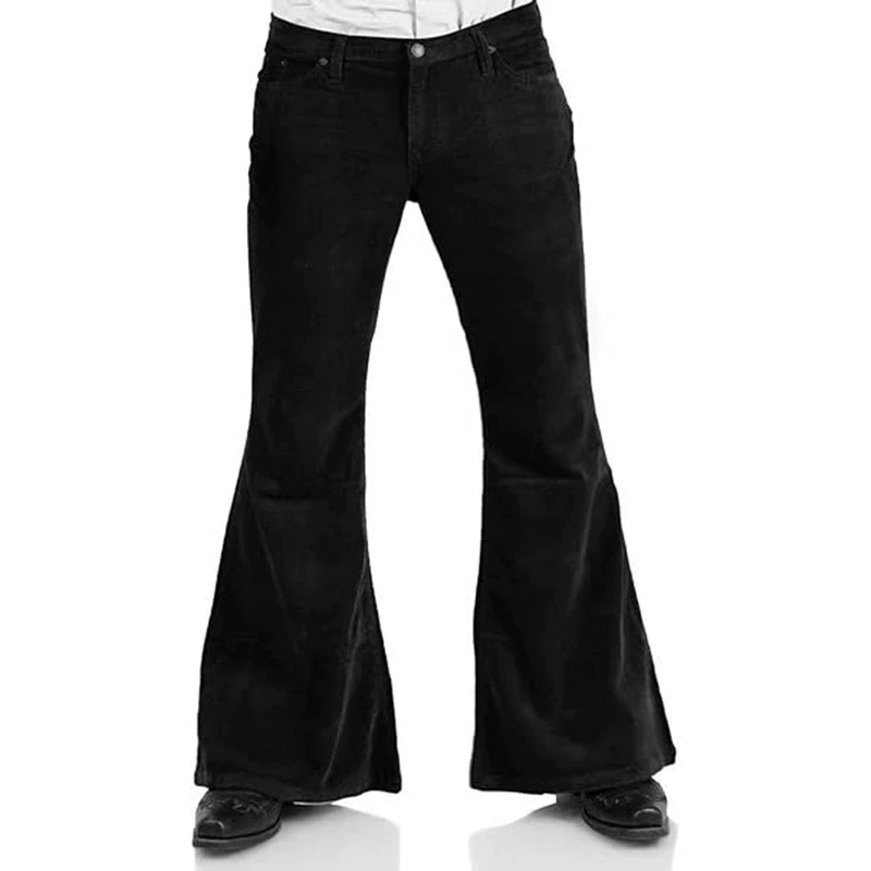 Men's premium corduroy flare pants with button closure, straight-leg fit, and elegant British-inspired casual fashion design. black
