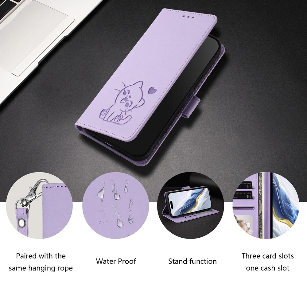 Adorable Cat Design Leather Wallet Phone Case with Kickstand, Card Slots, and Strap