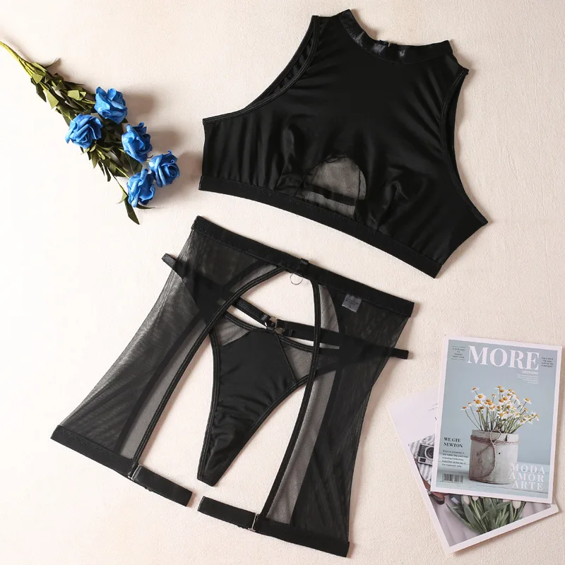 thumbnail image 1 of Ellolace-Conjunto de lencería Sexy para mujer, Top de chaleco sin costuras, ropa interior, liguero, Tanga, conjuntos exóticos íntimos negros, 3 piezas, 1 of 5