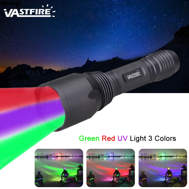 Tactical Green/Red/ UV 3 Colors Hunting Flashlight Blood Tracker Hog Handheld Lantern+18650+Charger+Switch+Rifle Gun Scope Mount