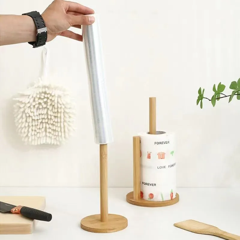 Kitchen Wooden Roll Paper Towel Holder Bathroom Tissue Vertical Stand Disposable Paper Pot Kitchen Toilet Storage Accessories 3