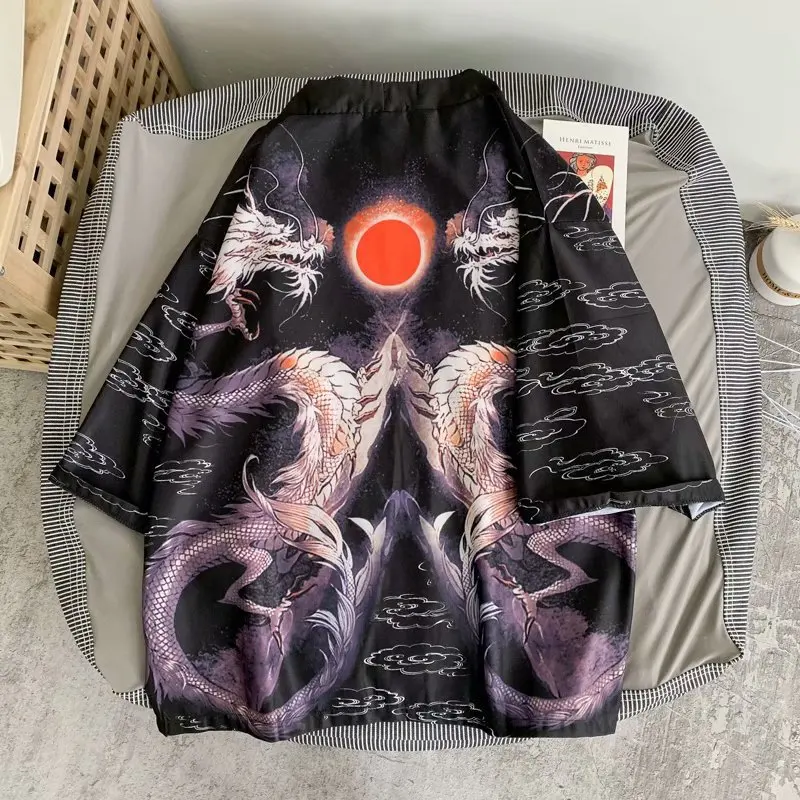 Men's Women's Kimono Cardigan Jacket Print Crow Kimono Haori Yukata Japanese Shirt Samurai Clothes Plus Size Men Clothing