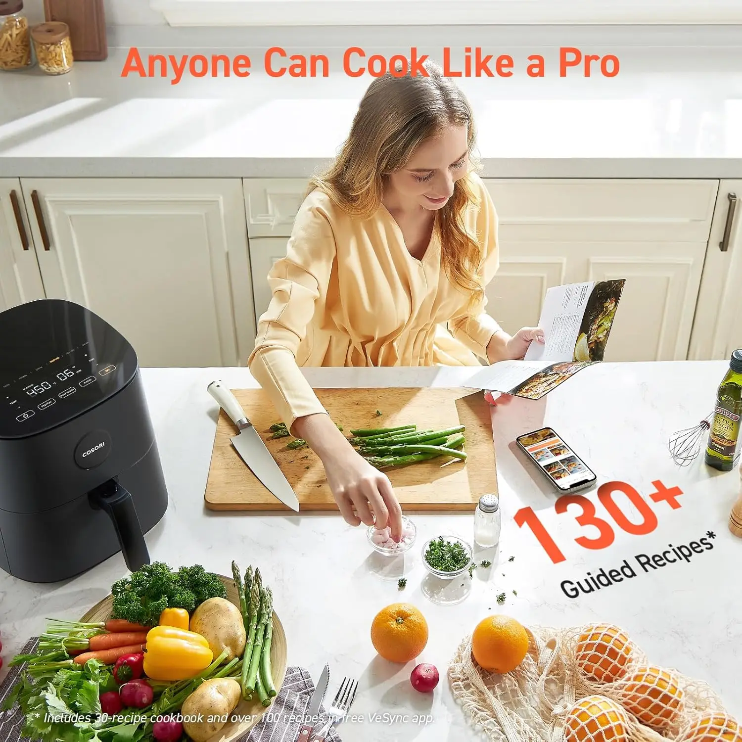Air Fryer 5 Qt, Max 450F for Juicy Meat, Veggies, Frozen Food, Glass Touch Panel, 130+ In-App Recipes, Little to No Oil, 5