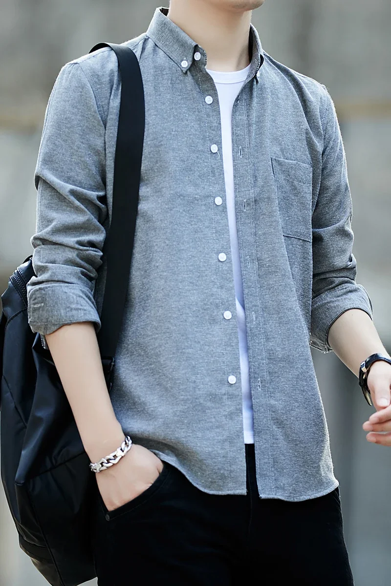 Spring and Autumn Men's Shirt Oxford Cotton Fabric Shirt Long Sleeve Solid Color Polo Neck Shirt Business Casual Fit Top