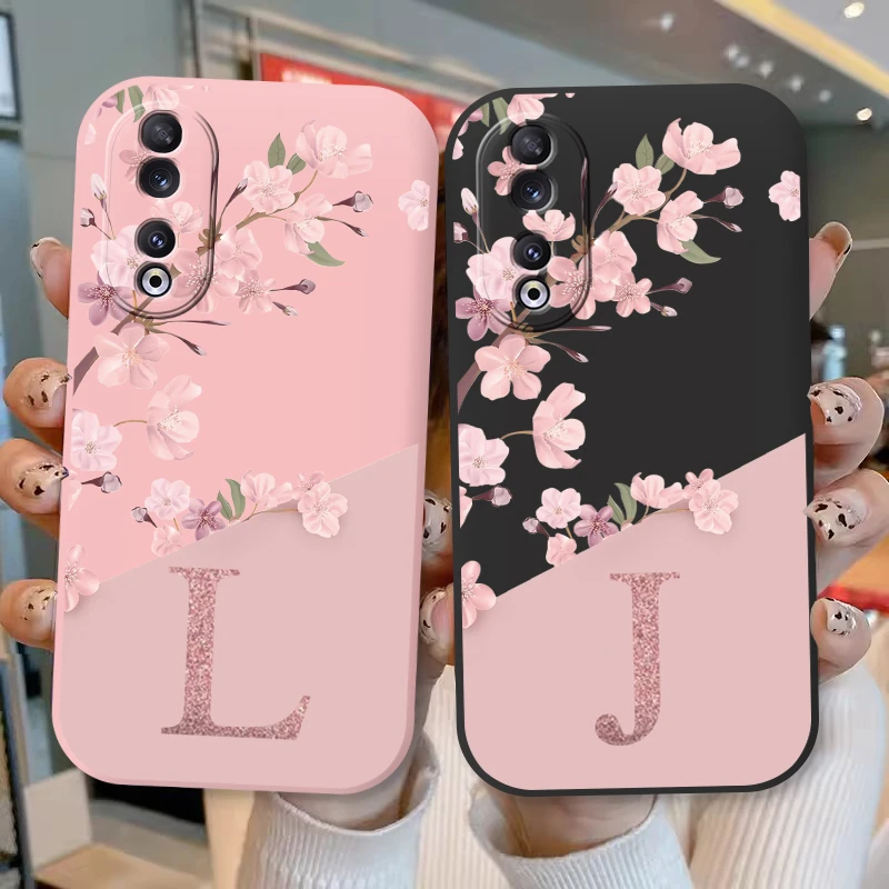 For Honor 90 Case Stylish Letters Soft Silicone Cover Beautiful Cherry Flower Initial Alphabet Fundas For Honor90 Shell Bags