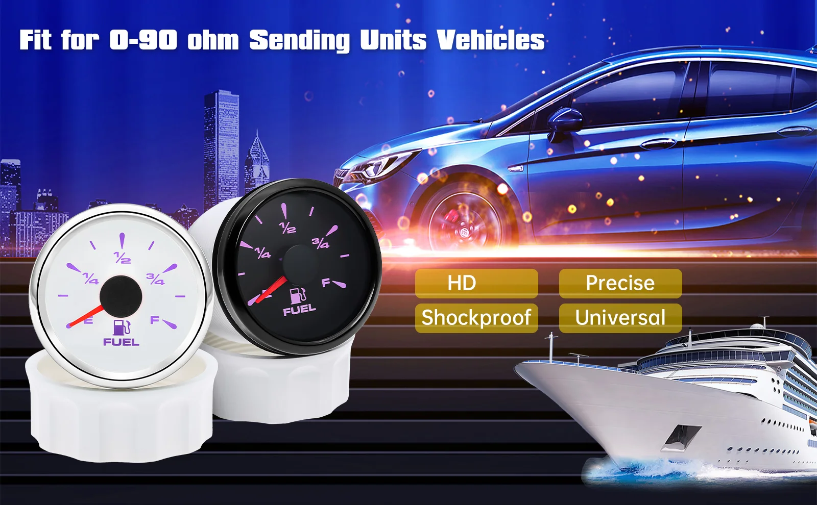 0-90ohm 52mm Fuel Level Gauge 8 Color BackLight for Oil Tank Level Float Sensor 0-90 ohm Car Boat Marine Yacht 12V