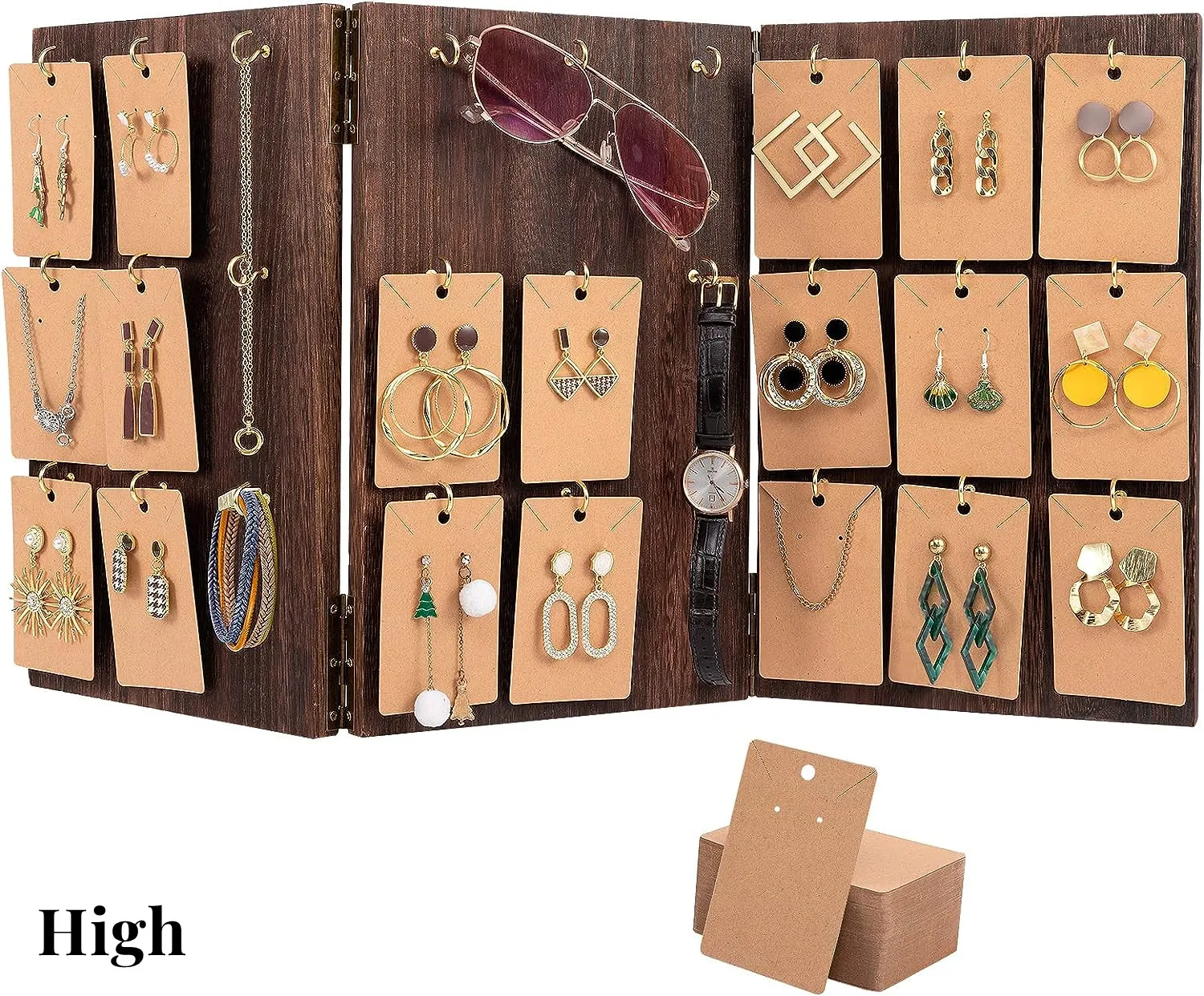 Wooden Jewelry Display Stand 3-Sided Panel Earring Display Stands for Selling Earrings Rings & KeyChain Display