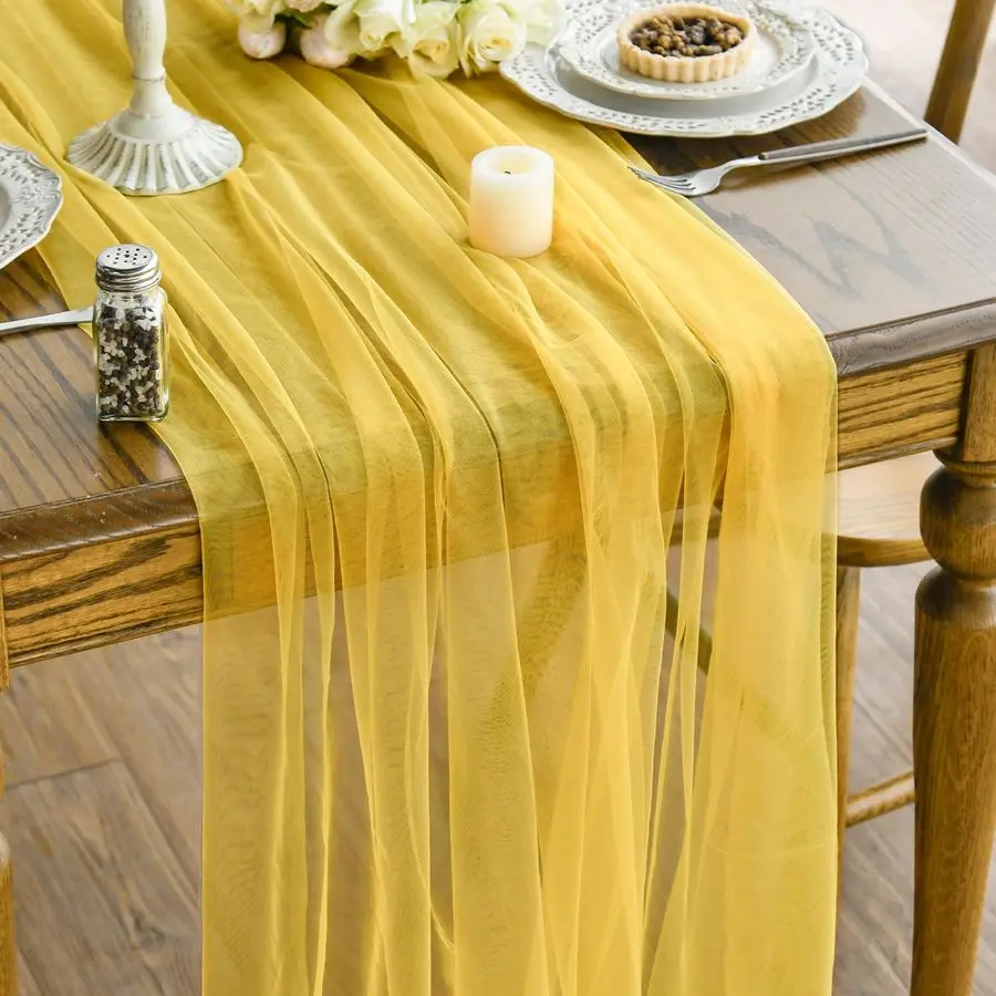 10PCS Yellow Gauze Table Runner 120 Inch 10FT, Seasonal Sheer Kitchen Dining Holiday Wedding Birthday Baby Shower Table Decor fo