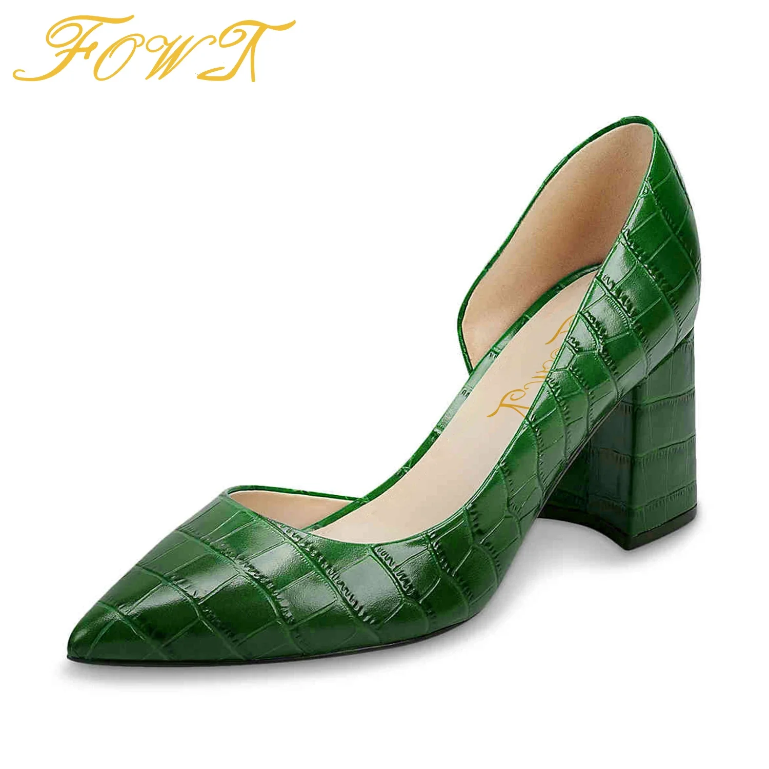 

Green Crocodile D'Orsay Women Pumps Patent Leather Square Heels Pointed Toe Autumn Office Fashion Ladies Shoes Large Size 43 44G