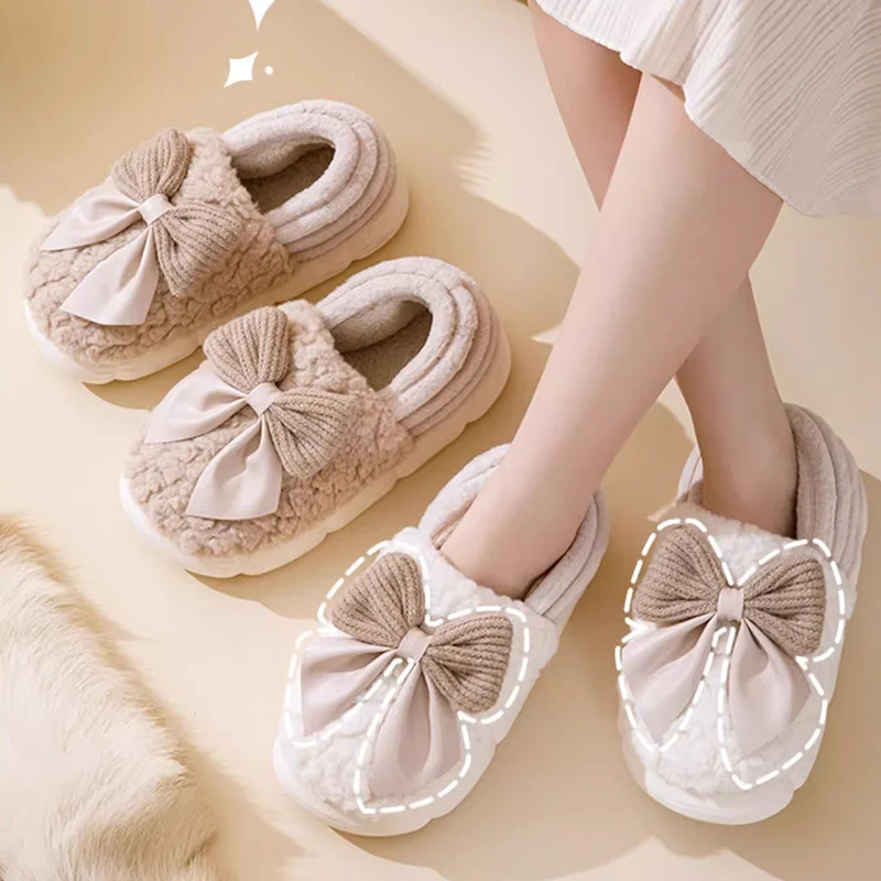 Bowknot Detor Home Cotton Slippers Women Indoor Comfortable Bag Heel Warm Plush Cotton Shoes Woman Thick Sole Living Room Shoes