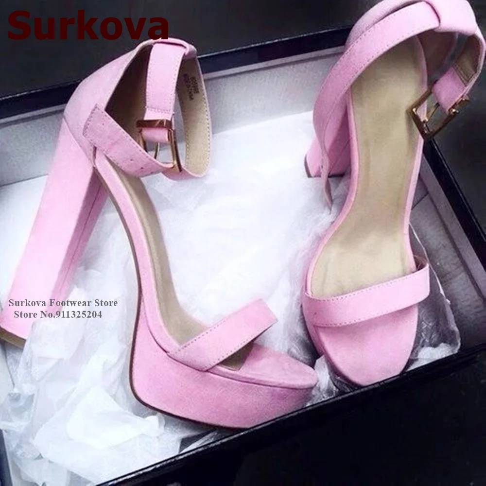 

Surkova Pink Suede Chunky Heel Sandals Platform Wedding Shoes Single Strap Open Toe Ankle Buckle Evening Shoes Size46 Dropship
