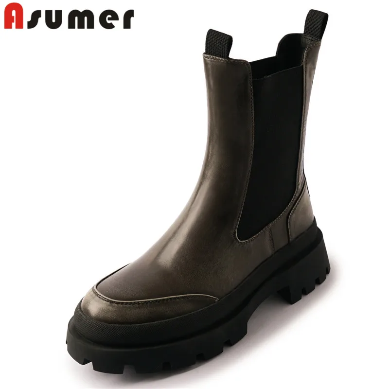 

ASUMER 2024 New Genuine Leather Slip On Ankle Boots Ladies Mixed Colors Chelsea Boots Square Med Heels Platform Winter Boots