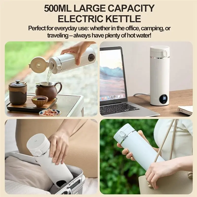 【BRAND NEW】500Ml Mini Portable Travel Kettle, USB-C Electric Water Heater, 300W Fast Heating, 37‑100°C Temperature Control EU Pl 4