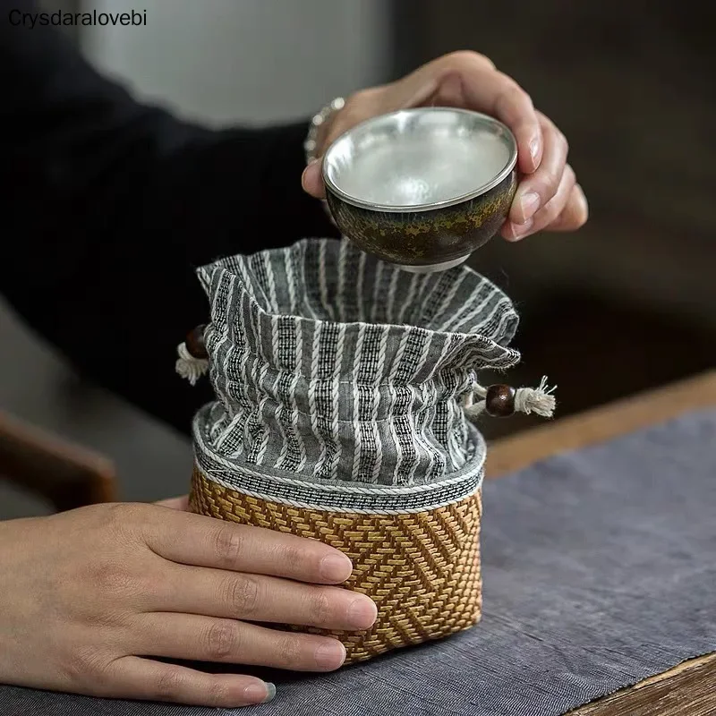 Portable Kungfu Tea Set Travel Suit Storage Bag Tea Ceremony Accessories Double Layer Cotton Linen Bag Set Handbag