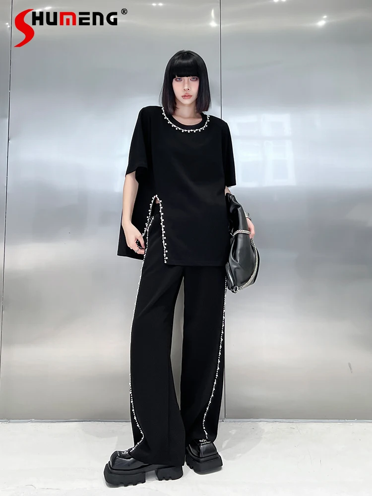 

Женский костюм из двух предметов, новинка весны-лета 2024, модный костюм с бисером, футболка с коротким рукавом, облегающие брюки с широкими штанинами, однотонные брючные комплекты