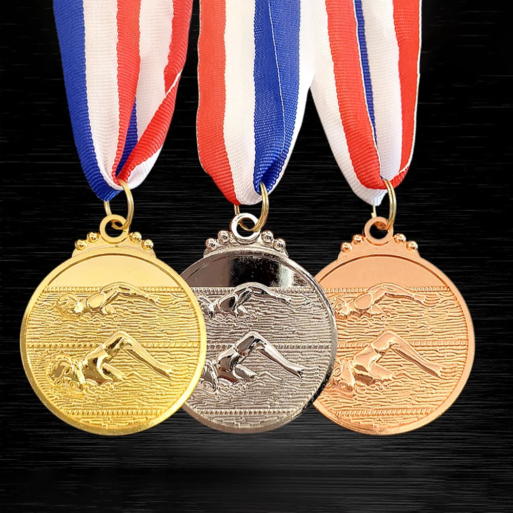 5cm Swimming Medal Sports Rewards with Neck Ribbon Gold/Silver/Bronze Medal 1st/2nd/3rd Place Medals for Sports Competition
