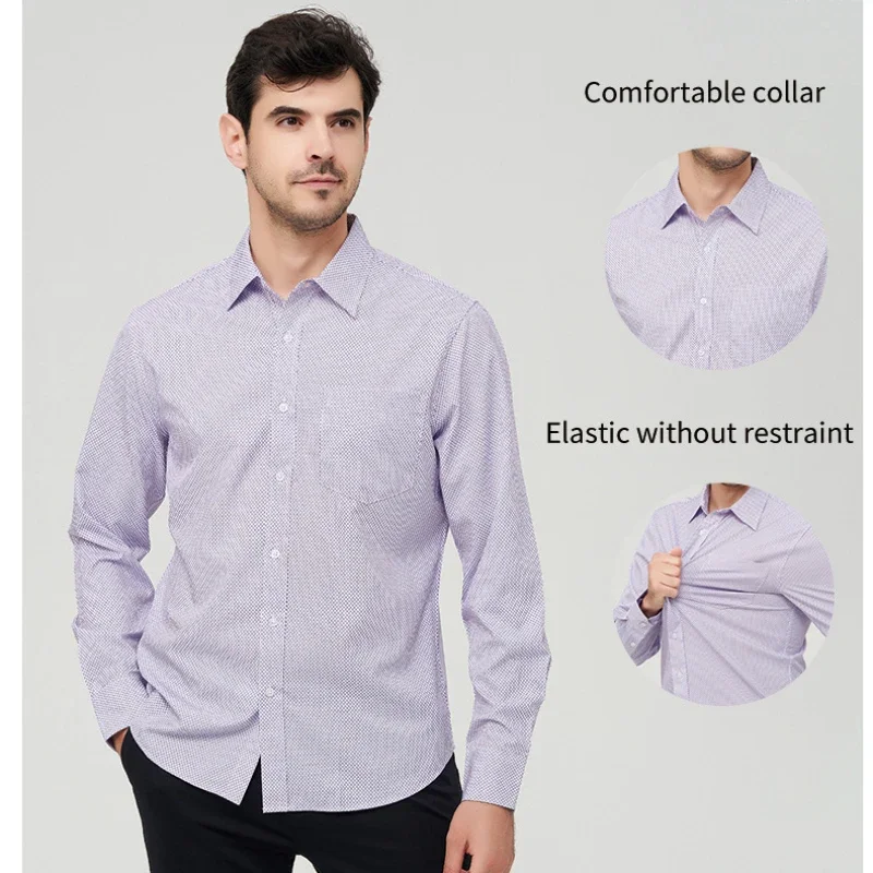 

Men's Spring and Autumn Essential Quality Mature Plaid Stretch Long-sleeve Lapel Shirt Printed Business Casual Fashion Shirt