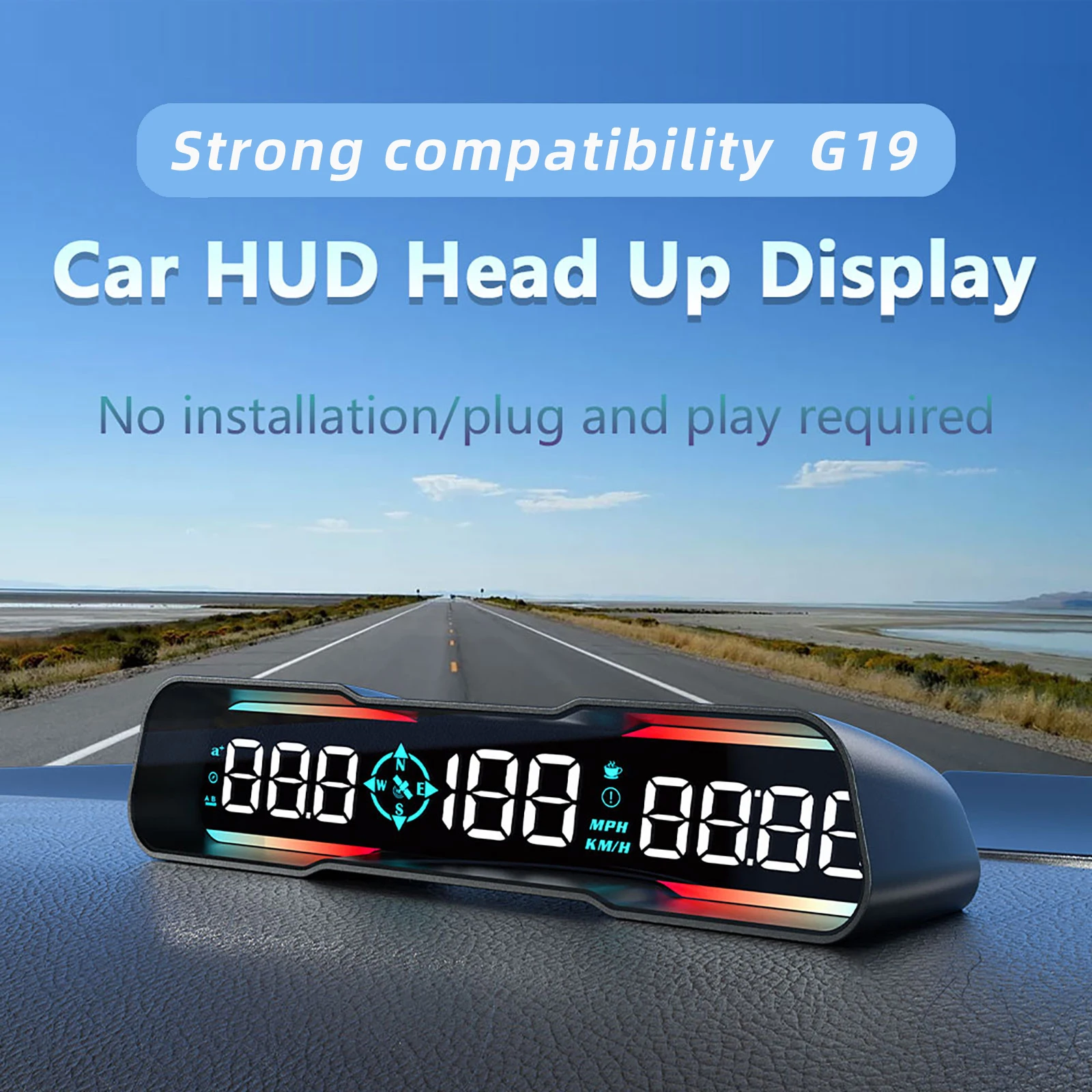 HUD G19 Gps  ÷ LCD ӵ  ,  ˶ ð, ħ ڵ  ׼, MPH km/h, 14mm
