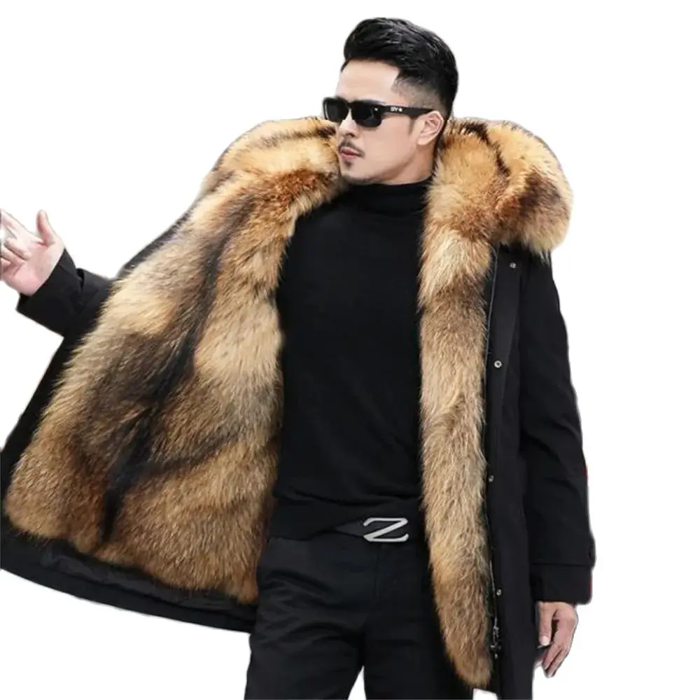 

Men Parka High Quality Hooded Detachable Fur Lined Thick Warm Parkas Winter Jacket Men Imitation Fur Coat Thicken Outerwear